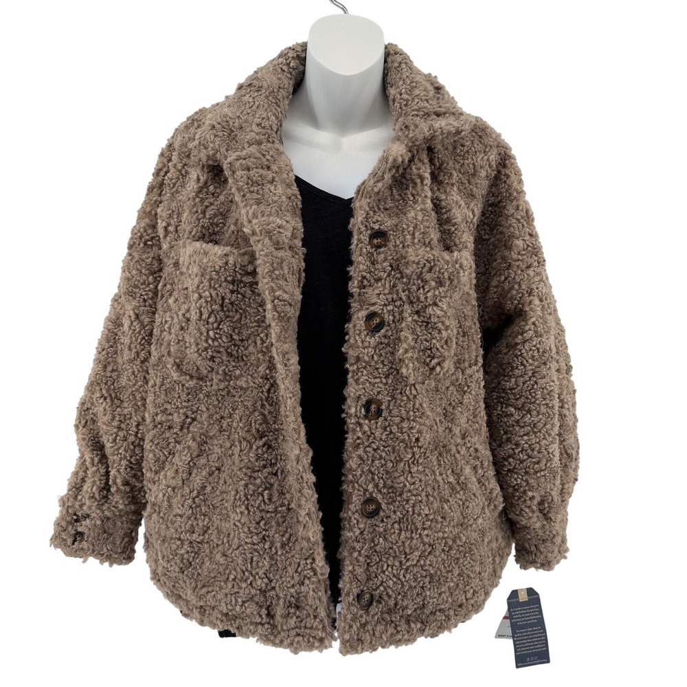 Democracy Women's Teddy Jacket XS Faux Sherpa Button Front Lined Taupe New $148